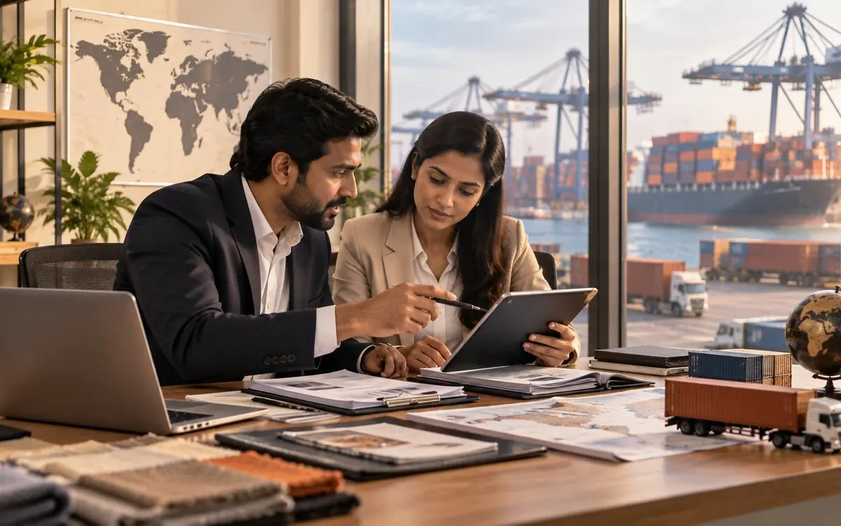 Synchronix team reviewing trade documents with the port and containers outside